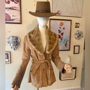 Vintage Penny Lane Tan Suede Mid Length Jacket with Blonde Faux Fur Collar
